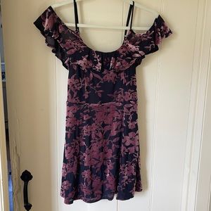 Solemio S mini dress, off-the-shoulder, black with dusty rose velvet florals,